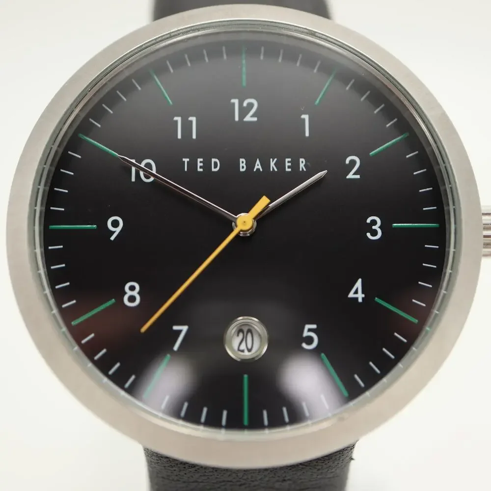 Ted Baker Mens Round 42mm Classic Date Watch Dress Black Leather w New Battery